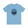 Gone Camping Be Back Never premium soft tee in light blue, featuring a camping design and unisex fit for outdoor lovers.