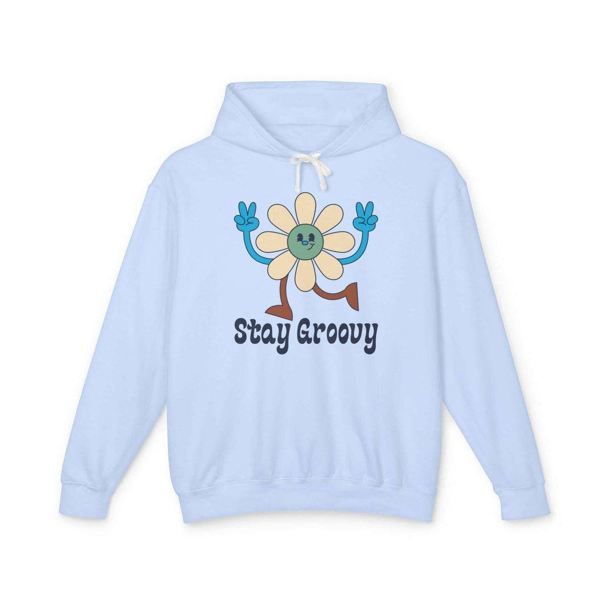 Stay Groovy hoodie featuring a smiling daisy with peace signs, perfect for a playful vintage vibe.