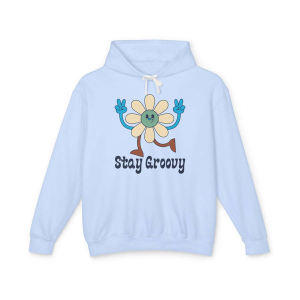 Stay Groovy hoodie featuring a smiling daisy with peace signs, perfect for a playful vintage vibe.