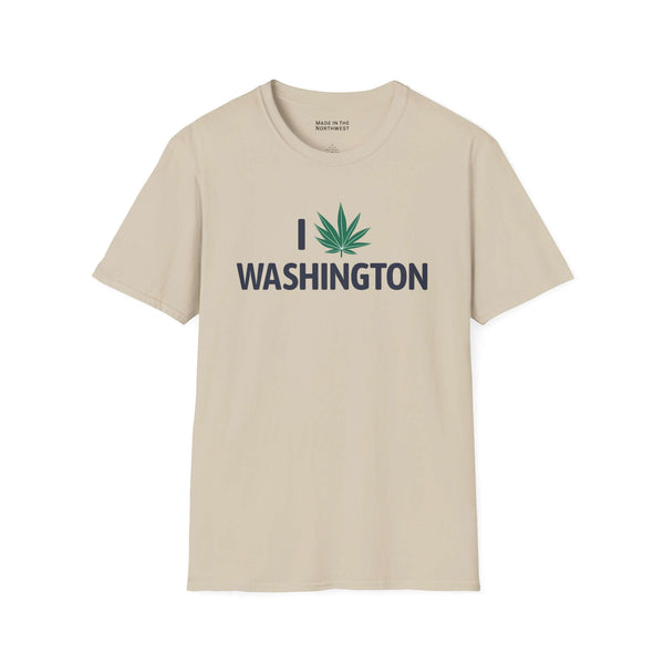 I Marijuana Washington T Shirt featuring a graphic with a marijuana leaf and the text 'I WASHINGTON'.
