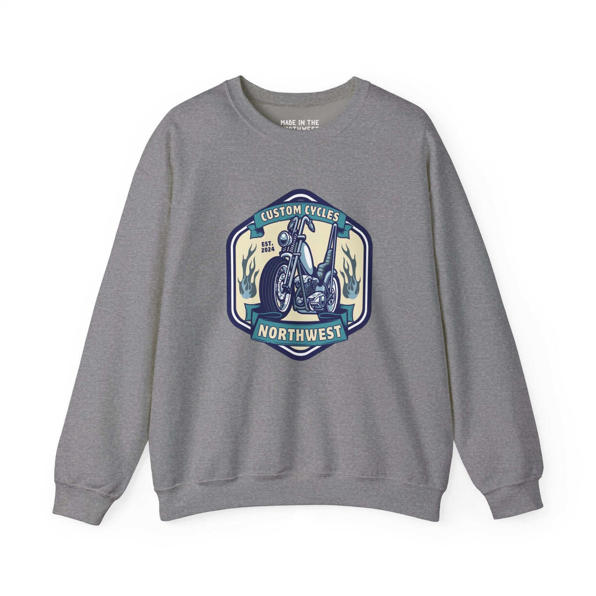 Gray sweatshirt with "Custom Cycles Northwest" motorcycle graphic, ideal for motorcycle enthusiasts seeking style and comfort.