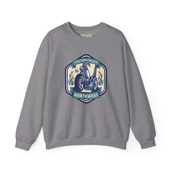 Gray sweatshirt with "Custom Cycles Northwest" motorcycle graphic, ideal for motorcycle enthusiasts seeking style and comfort.