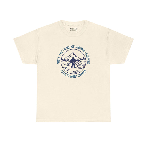 "Bigfoot graphic tee with 'Visit the Home of Hidden Legends' text, unisex athletic fit for outdoor and Northwest folklore enthusiasts"