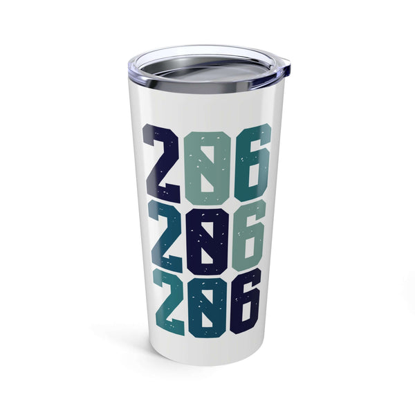 206 Area Code Coffee Tumbler featuring Seattle's area code in blue, perfect for hot and cold beverages.