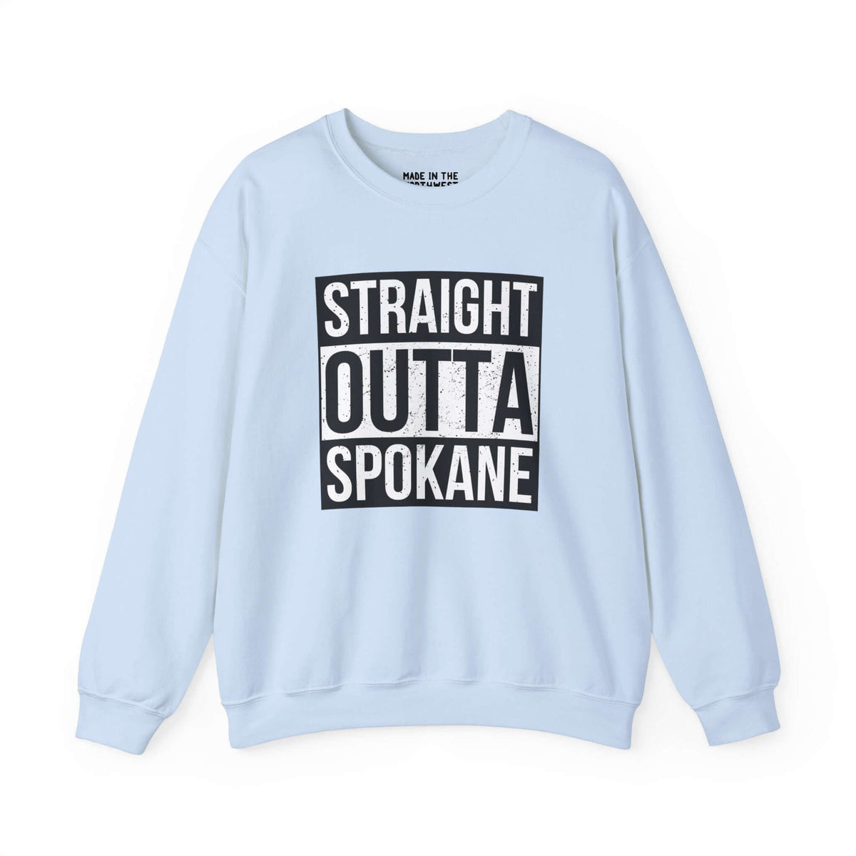 Light blue sweatshirt with "Straight Outta Spokane" design, inspired by streetwear style, showcasing city pride.