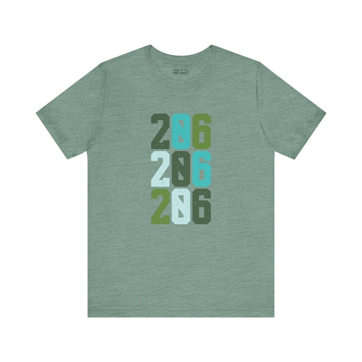 Two-Oh-Six Pop Premium Soft Tee in green featuring bold 206 design, perfect for Seattle locals.