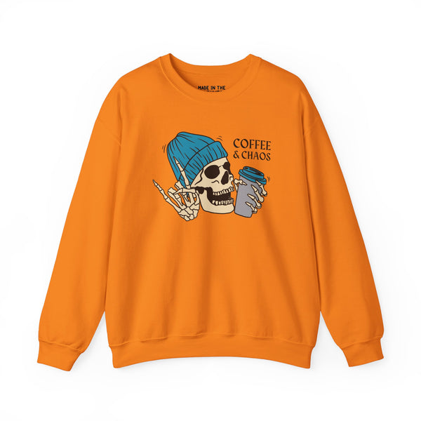 Orange Coffee & Chaos sweatshirt featuring a skeleton with a coffee cup and rebellious vibe.