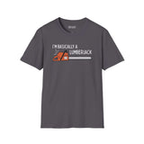 Basically a Lumberjack T Shirt with chainsaw graphic on a gray background.
