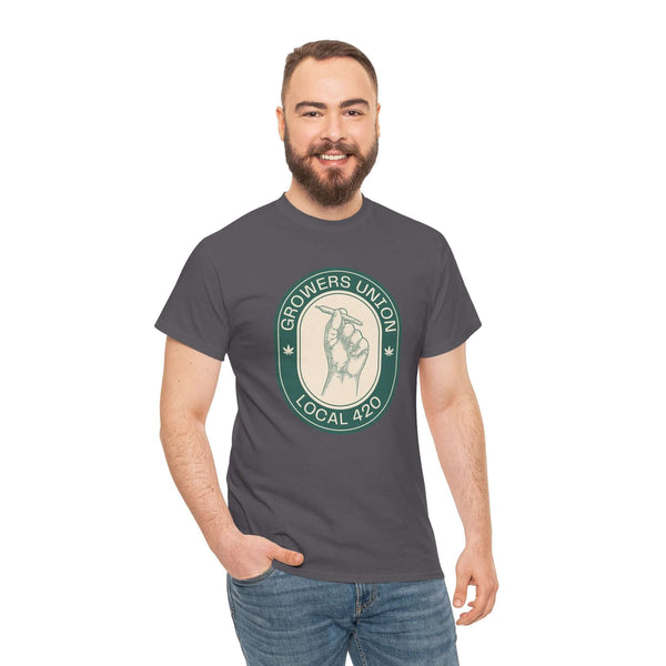 Man wearing a Grower's Union Local 420 Athletic Tee with joint illustration, showcasing 420 culture and humor in a casual style.