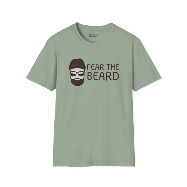 Fear the Beard Lumberjack Softstyle T-Shirt in green with a graphic of a bearded man, perfect for outdoor enthusiasts.