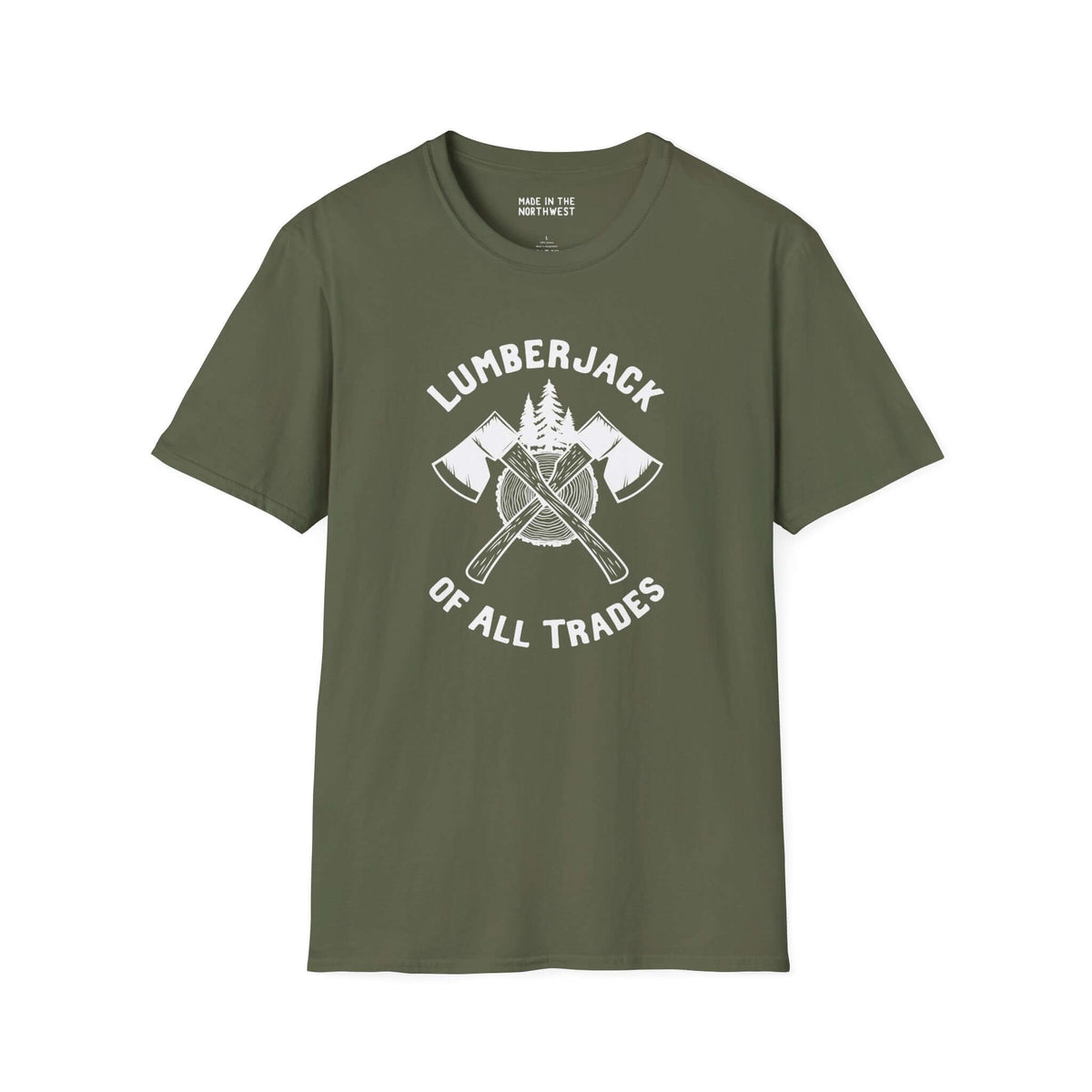 Lumberjack of All Trades Softstyle T-Shirt in olive green with axe graphic, perfect for hardworking individuals.