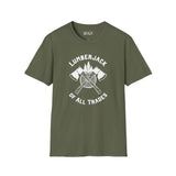 Lumberjack of All Trades Softstyle T-Shirt in olive green with axe graphic, perfect for hardworking individuals.