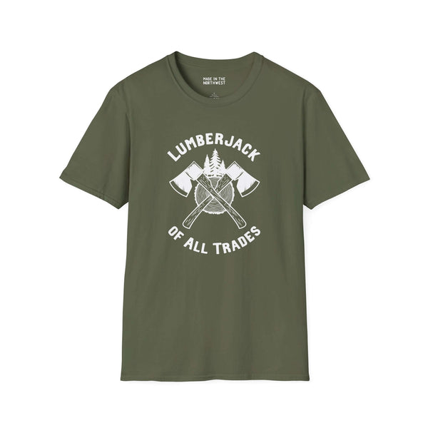 Lumberjack of All Trades Softstyle T-Shirt in olive green with axe graphic, perfect for hardworking individuals.