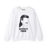 White sweatshirt featuring a graphic of a mullet and mustache with 