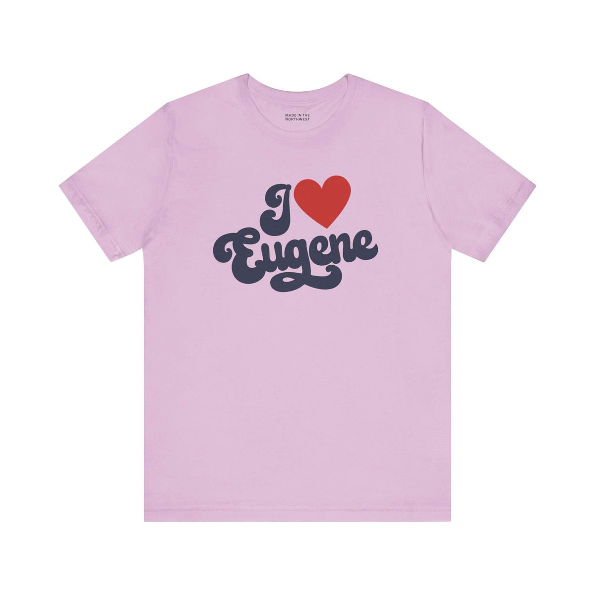 I love Eugene t shirt in soft pink with a bold cursive design celebrating Oregon.