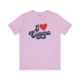 I love Eugene t shirt in soft pink with a bold cursive design celebrating Oregon.