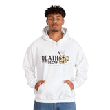Death Before Decaf skull mug hoodie, white sweatshirt for coffee lovers, bold caffeine message, coffee is life.