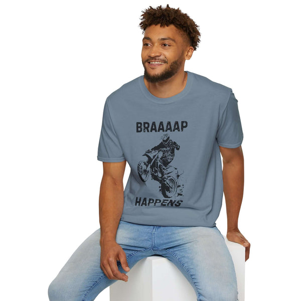 Man wearing Braaaap Happens motocross t-shirt, showcasing an adventurous spirit and love for dirt biking.