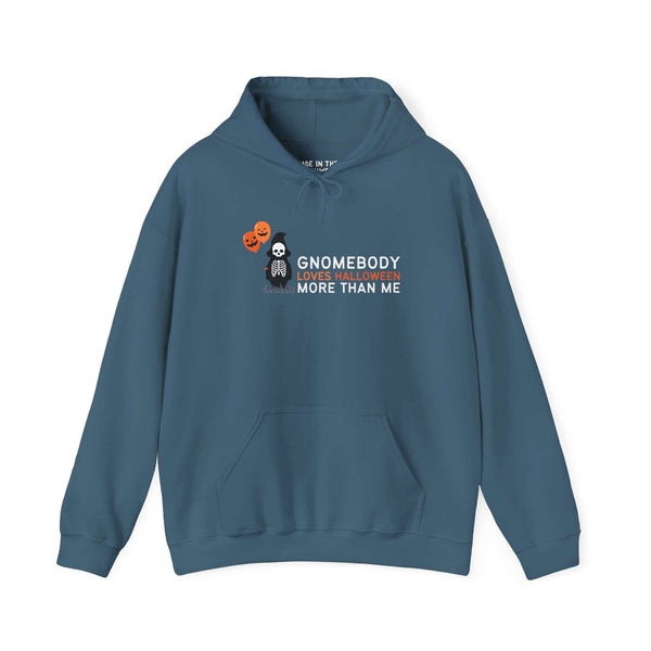 Gnomebody Loves Halloween More Than Me hoodie featuring a skeleton gnome with Halloween balloons, perfect for festive celebrations.