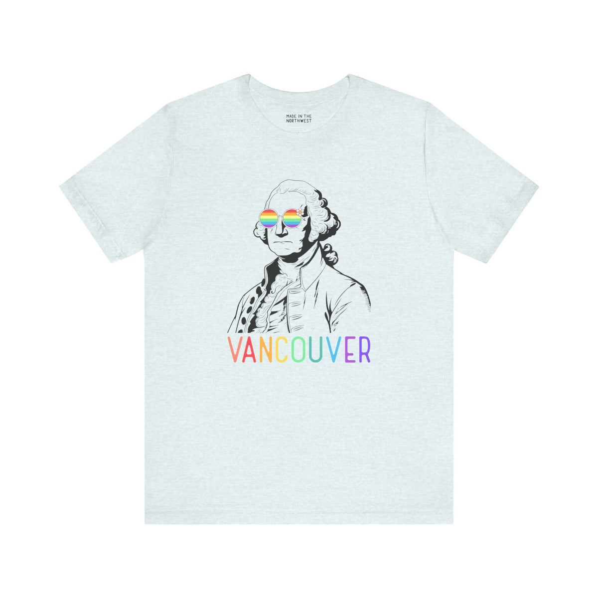 George's Rainbow Vision Vancouver tee with rainbow sunglasses on George Washington and rainbow "Vancouver" text.