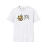 Find Your Wild Softstyle T-Shirt featuring a watercolor backpack surrounded by ferns, ideal for outdoor adventurers.