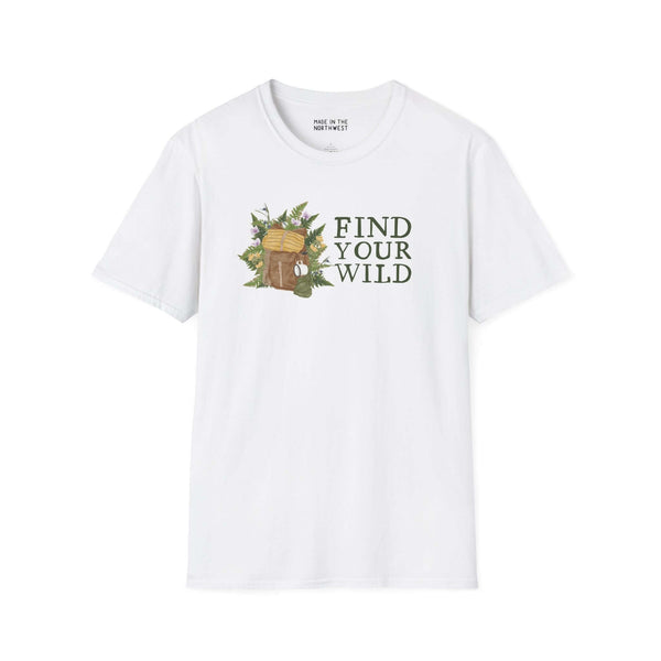 Find Your Wild Softstyle T-Shirt featuring a watercolor backpack surrounded by ferns, ideal for outdoor adventurers.