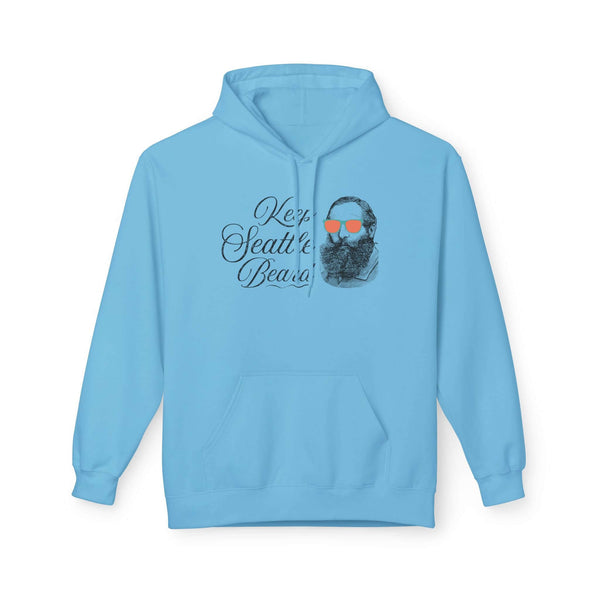 Keep Seattle Beard Hoodie in blue featuring a vintage bearded man with funky shades.