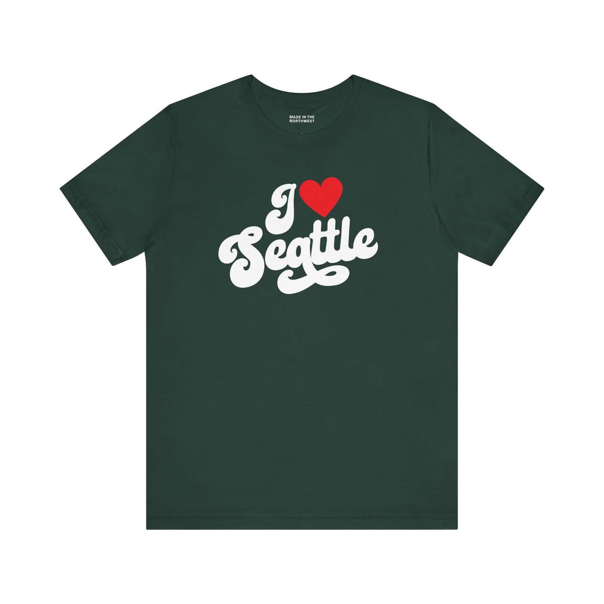 I love Seattle t shirt in dark green with cursive design showcasing hometown pride for Seattle.