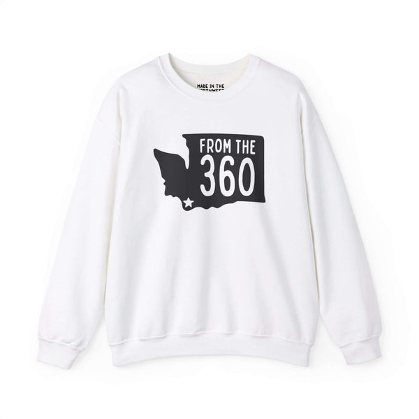 "From the 360 sweatshirt with Washington state silhouette and Vancouver star, showcasing local pride in area code 360."