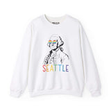 White sweatshirt featuring George Washington with rainbow glasses and 