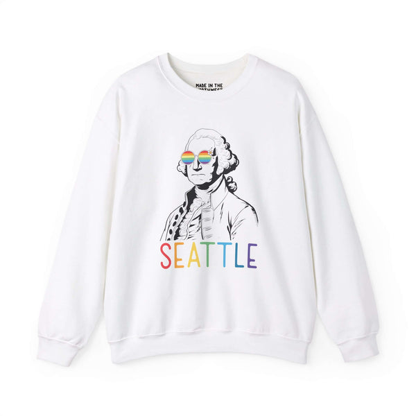 White sweatshirt featuring George Washington with rainbow glasses and "Seattle" in rainbow letters, celebrating Pride and inclusivity.