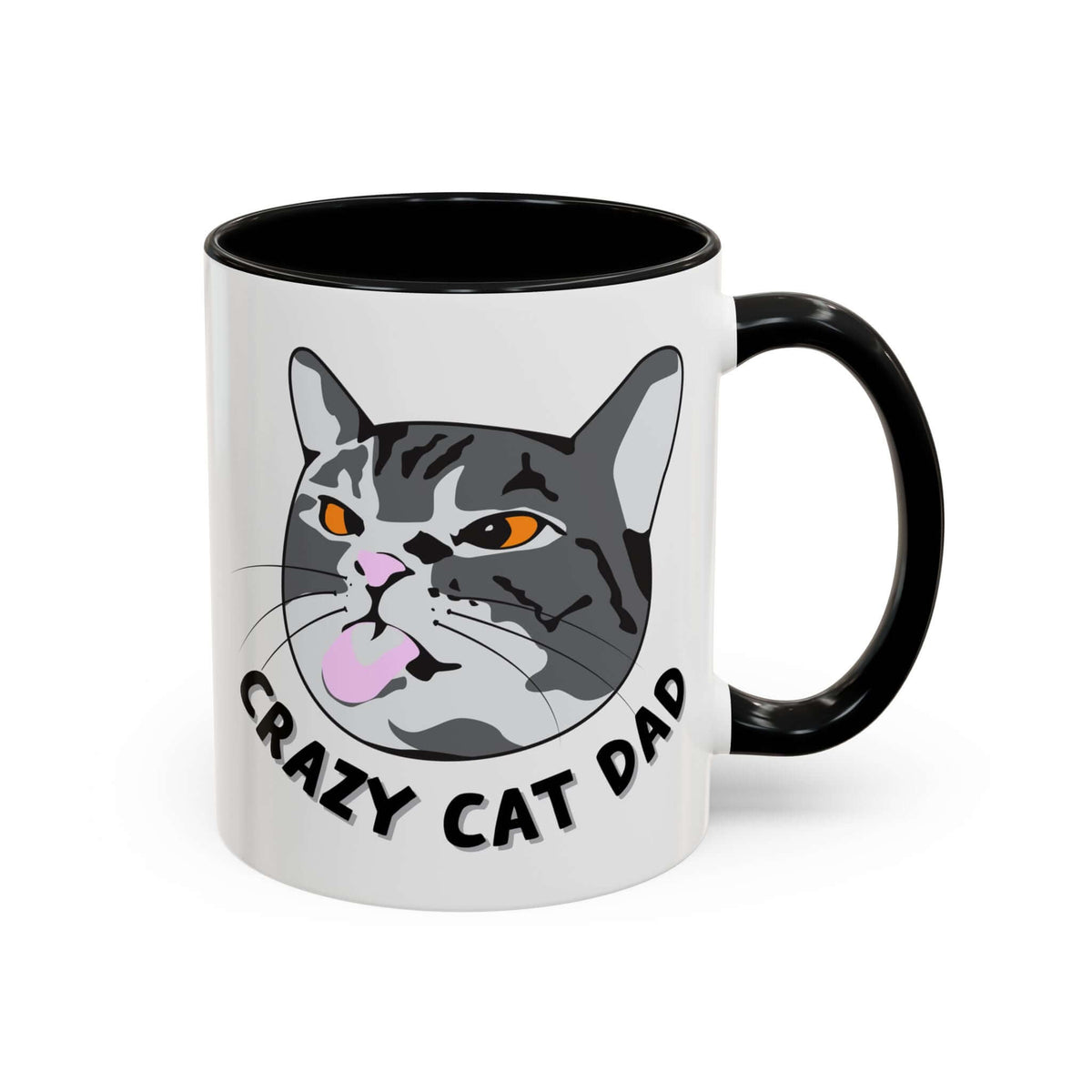 Cheeky illustrated crazy cat dad mug featuring a tabby cat with a silly face and text saying 'Crazy Cat Dad'.