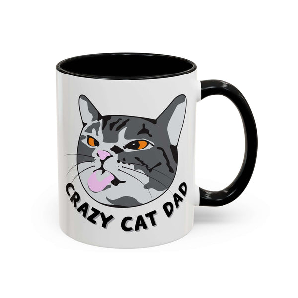 Cheeky illustrated crazy cat dad mug featuring a tabby cat with a silly face and text saying 'Crazy Cat Dad'.