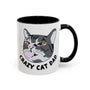 Cheeky illustrated crazy cat dad mug featuring a tabby cat with a silly face and text saying 'Crazy Cat Dad'.