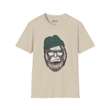 Hipster Squatch unisex softstyle t-shirt featuring Bigfoot in a beanie and glasses, perfect for trendy cryptid lovers.