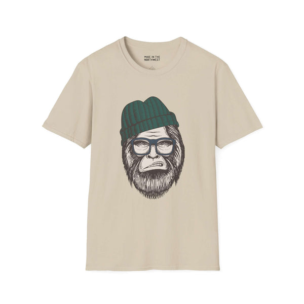 Hipster Squatch unisex softstyle t-shirt featuring Bigfoot in a beanie and glasses, perfect for trendy cryptid lovers.