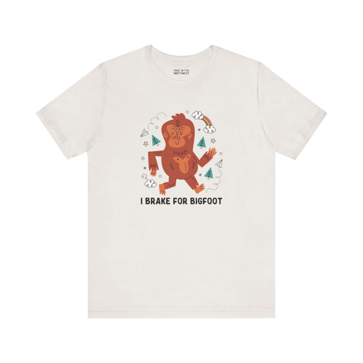 I Brake for Bigfoot Premium Soft Tee featuring whimsical Sasquatch graphic, perfect for fans of folklore.