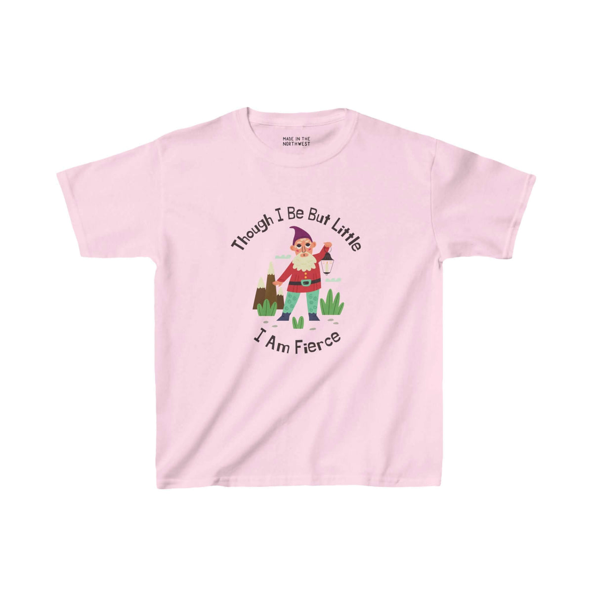 Pink kids' t-shirt with a gnome and the quote "Though I Be Little, I Am Fierce" from Shakespeare's A Midsummer Night's Dream.