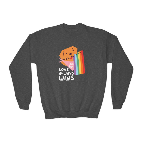 Love Always Wins sweatshirt featuring a dog with a rainbow flag, perfect for kids' LGBTQ+ pride apparel.