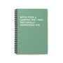 Spiral notebook with the title 'Notes from a Camping Trip I Was Emotionally Unprepared For' on a green cover.