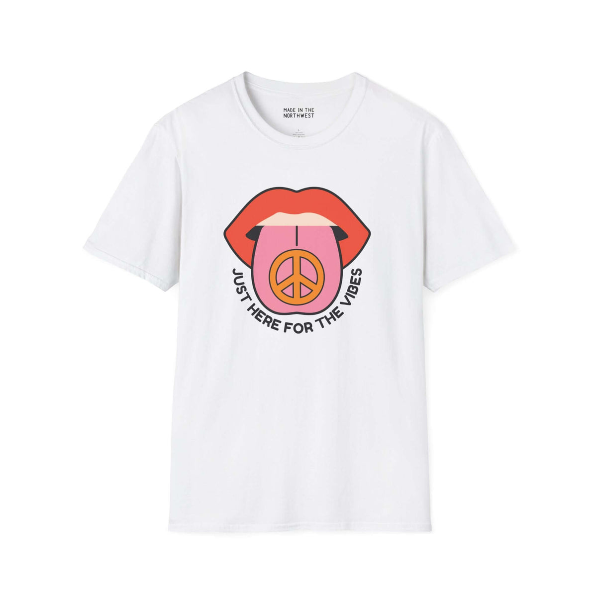 I'm Just Here for the Vibes Softstyle T-Shirt with colorful lips and peace symbol design, perfect for laid-back occasions.