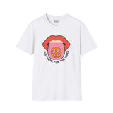 I'm Just Here for the Vibes Softstyle T-Shirt with colorful lips and peace symbol design, perfect for laid-back occasions.