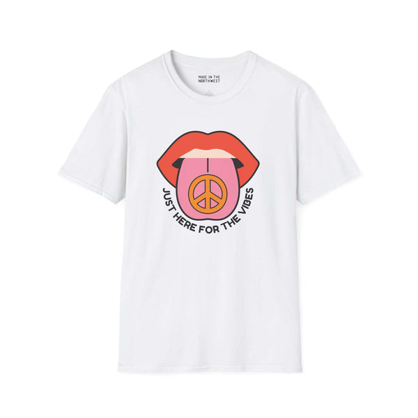 I'm Just Here for the Vibes Softstyle T-Shirt with colorful lips and peace symbol design, perfect for laid-back occasions.