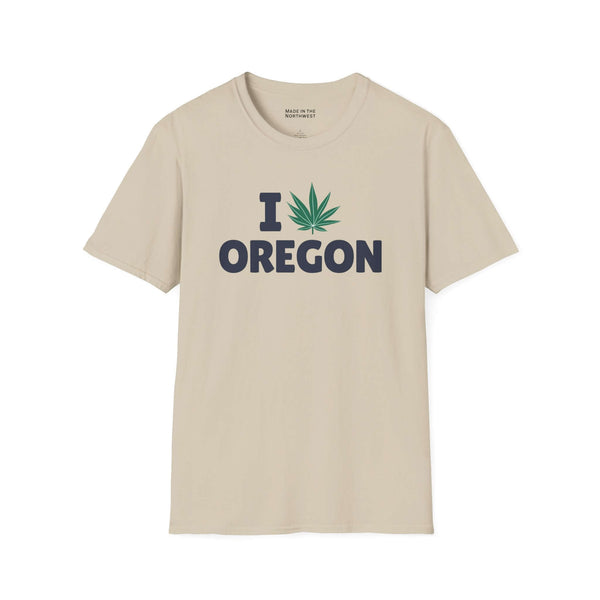 I Marijuana Oregon T Shirt featuring a graphic of a marijuana leaf and bold text design.