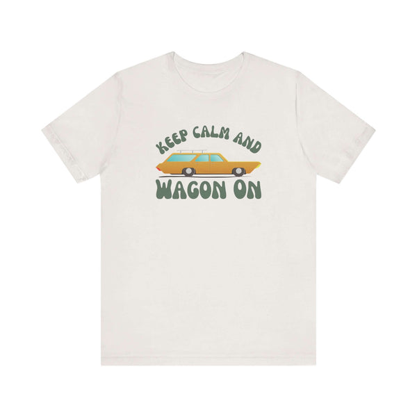 Keep Calm and Wagon On Premium Soft Tee with retro '68 Chevelle wagon graphic on a light background.
