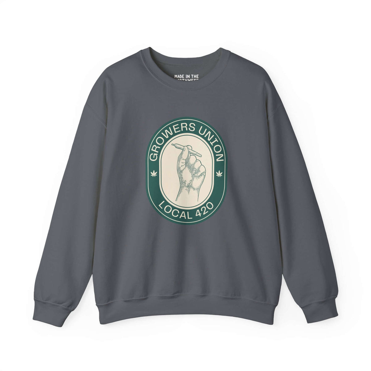 Gray sweatshirt featuring Grower's Union Local 420 logo and illustration of a hand holding a joint.