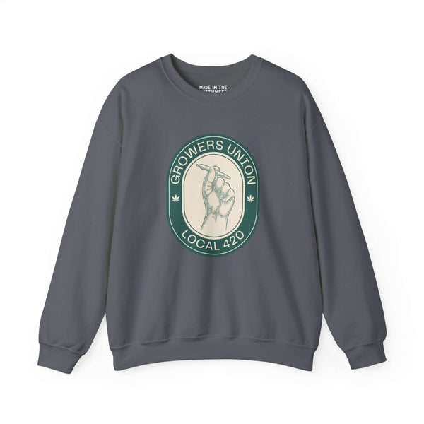 Gray sweatshirt featuring Grower's Union Local 420 logo and illustration of a hand holding a joint.