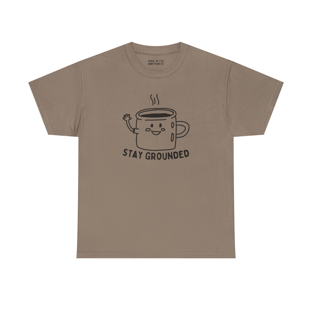 Stay Grounded and Caffeinated athletic tee featuring a cute coffee mug graphic and playful text for coffee lovers.