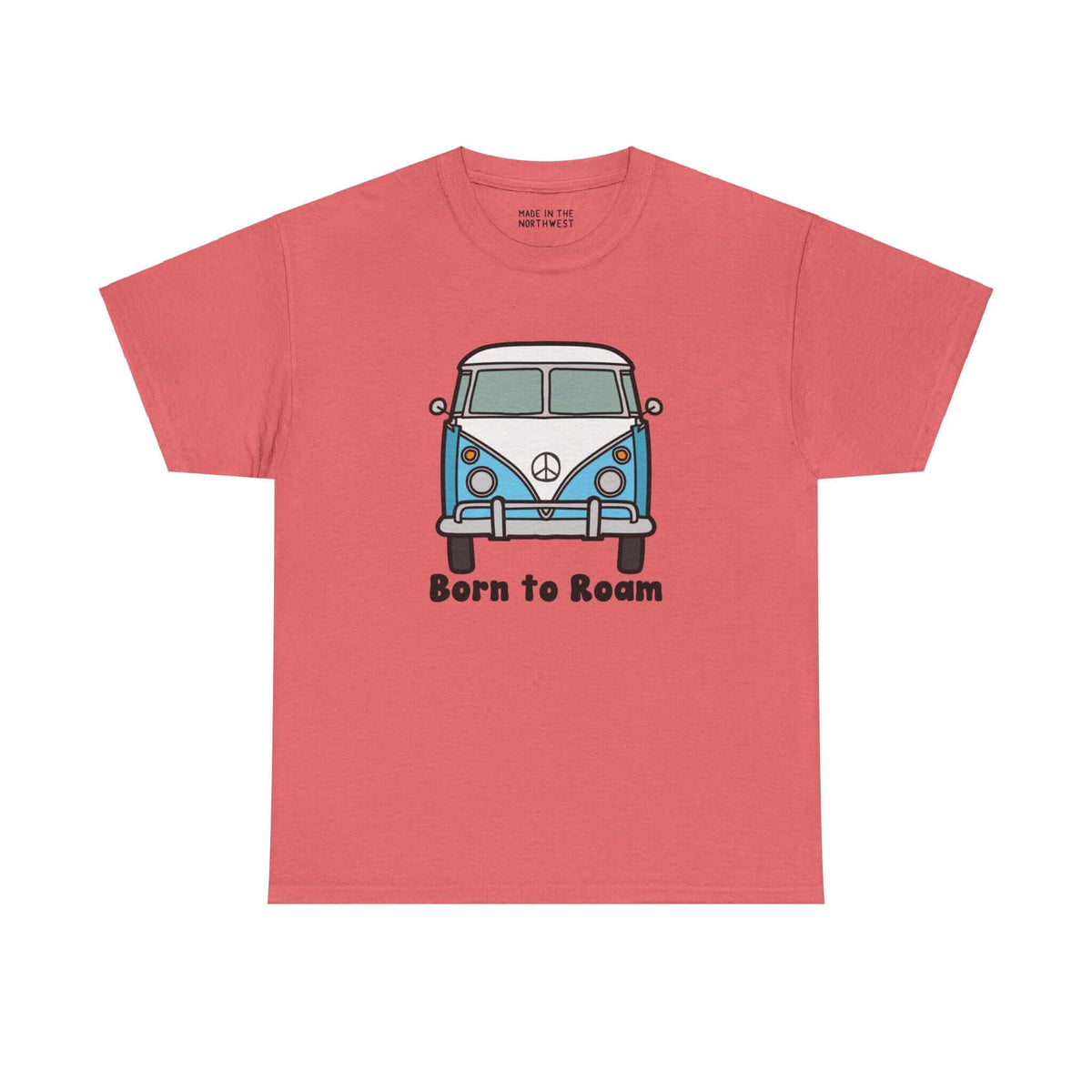 "Born to Roam tee with vanagon bus and peace sign design on red athletic shirt, embracing the nomadic lifestyle"