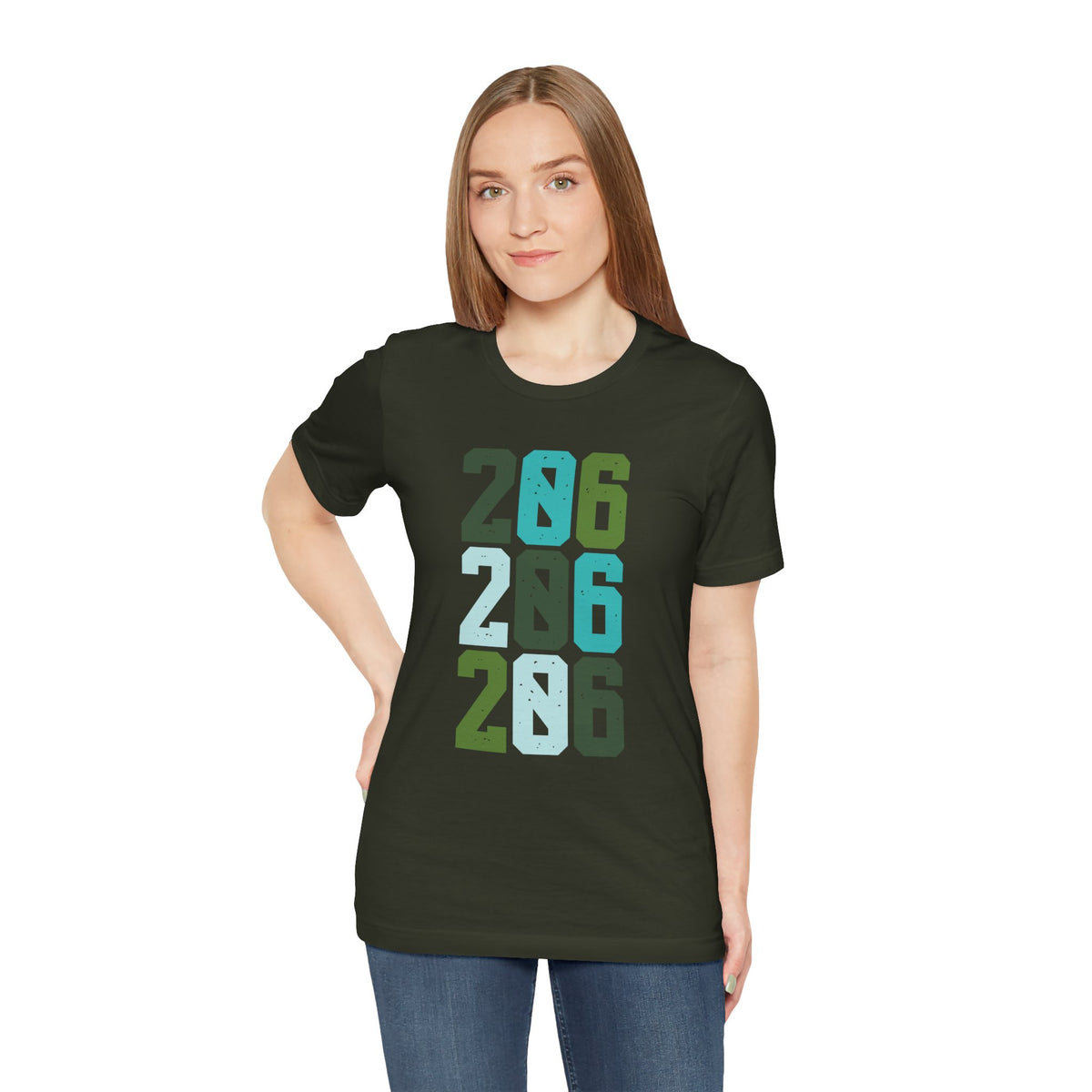 Model wearing Two-Oh-Six Pop Premium Soft Tee featuring vibrant 206 design, perfect for Seattle locals.